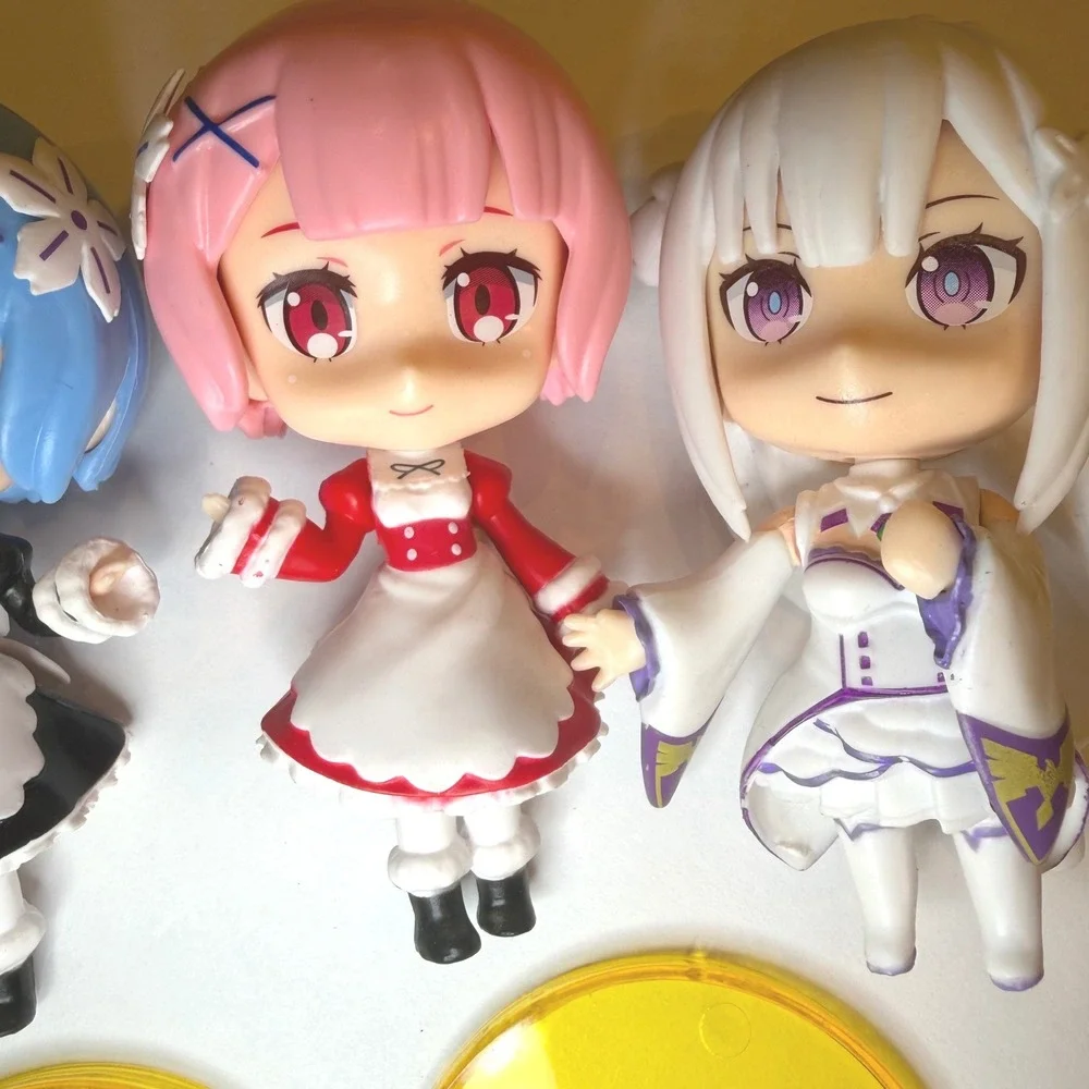 Re Zero Rem Ram Emilia Chibi Figure Set 3 Inch Anime Miniatures with 2 Stands